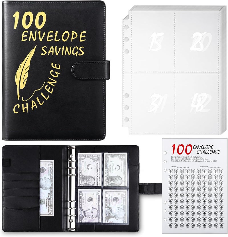 MUQING 100 Envelope Challenge Binder, 25 Sheets Silkscreen Numbers to 100, Not Stickers, Reusable Tracker, Easy and Fun 100 Envelopes Money Saving Challenge Save $5050, Budget Planner & Saving Money (Black) - Image 1